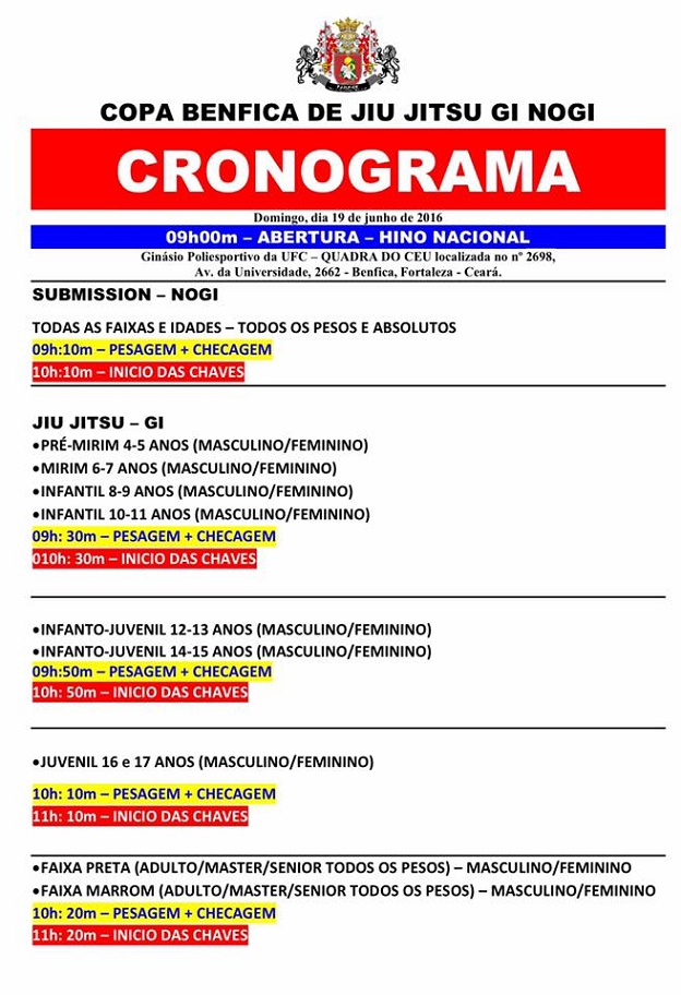 Confira a checagem e o cronograma da Copa Benfica GI e NO GI