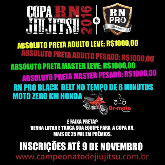 Quer ganhar uma moto 0km e uma boa grana? Inscreva-se já na Copa RN de Jiu-Jitsu